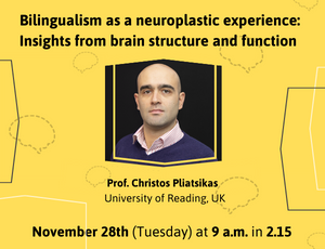 yellow poster with the lecture title and picture of the lecturer